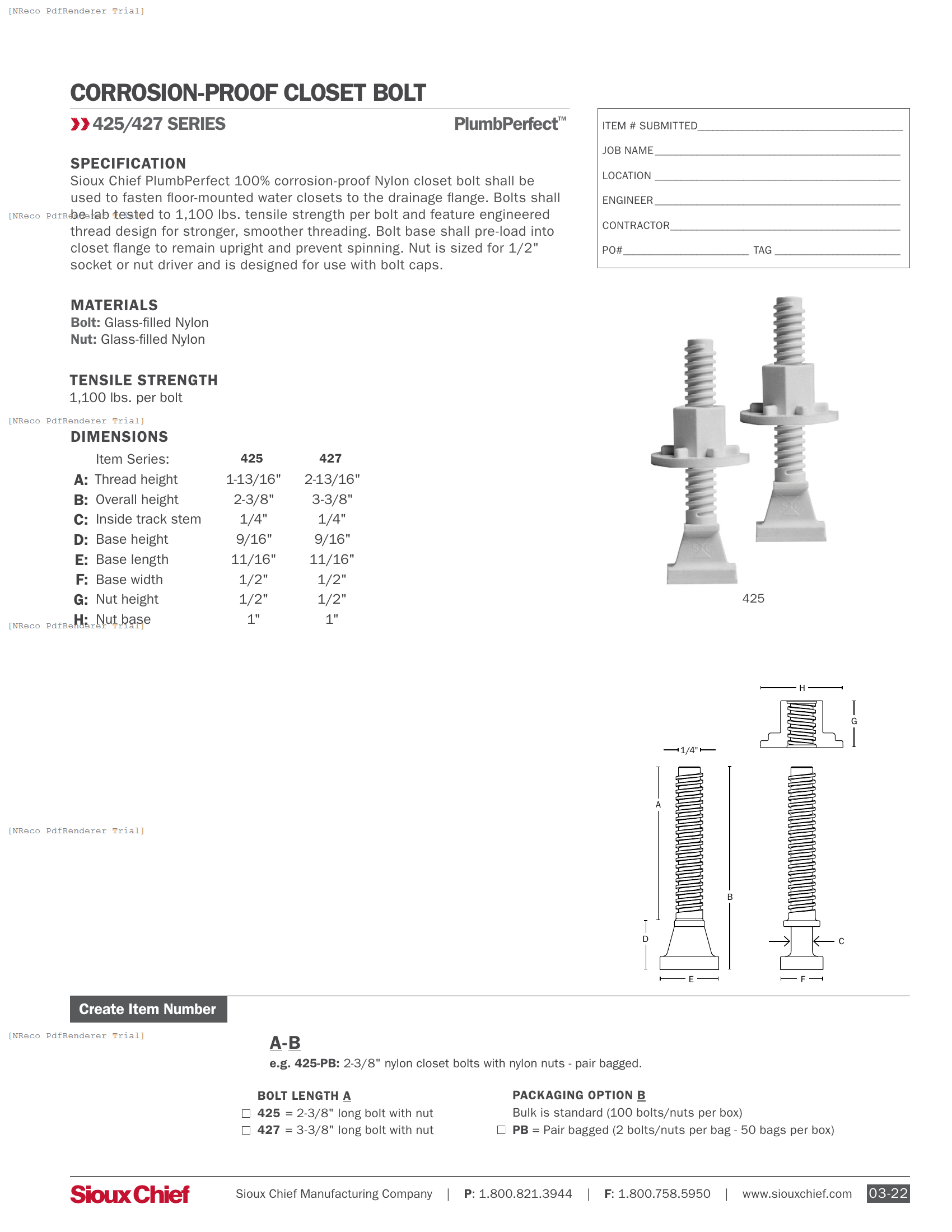 425-427 SERIES - PLUMBPERFECT CLOSET BOLT - SPEC SHEET.PDF Specification Document